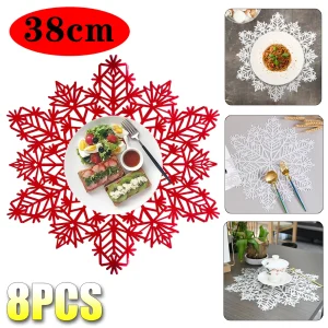 8PCS Christmas Decorative Placemats Snowflake Shaped Cutlery Mat Hollow Insulated Non-slip Coasters Home Christmas Decorations