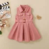Plain pink baby girl's dress with belt detail, a charming and fashionable infant dress suitable for all seasons.