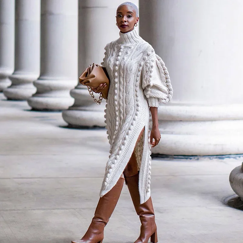 Streetwear Turtleneck Sweater Dress Women Autumn Winter Long Sleeve Elegant Ribbed Knitted Stretchy Warm Party Club Midi Dresses - Image 4