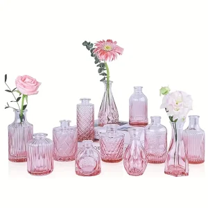 12pcs, pink glass flower bud vases, small flower vases, central decorative mini retro vases, family dining table loose vase gift