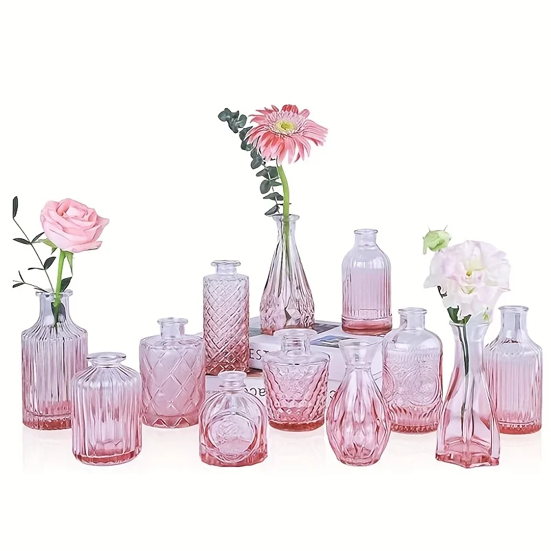 12pcs, pink glass flower bud vases, small flower vases, central decorative mini retro vases, family dining table loose vase gift