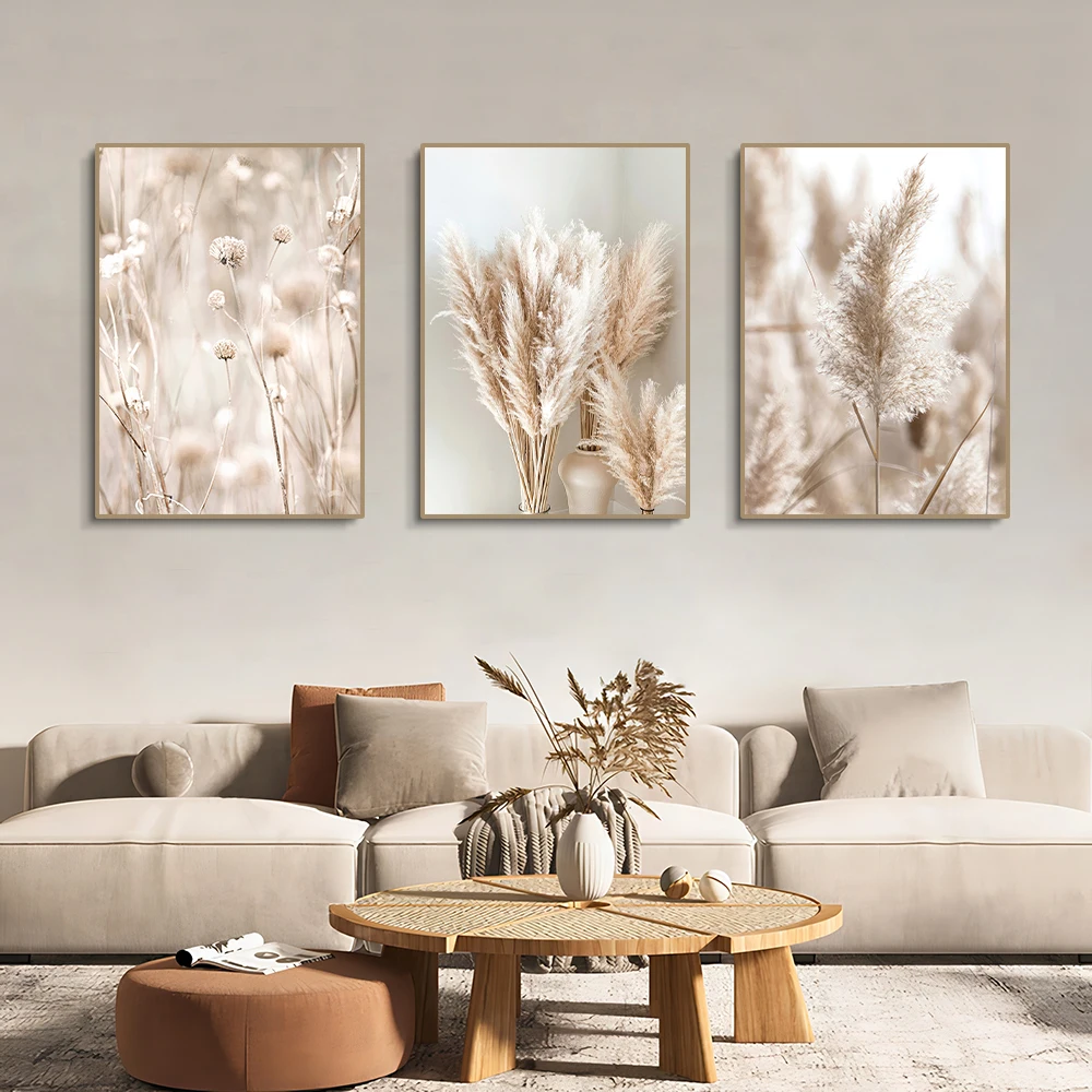 3PCS White Seascape Canvas Painting Nordic Sea Beach Pampas Botanical Grass Posters Decor Living Room Bedroom Wall Art Decor - Image 2