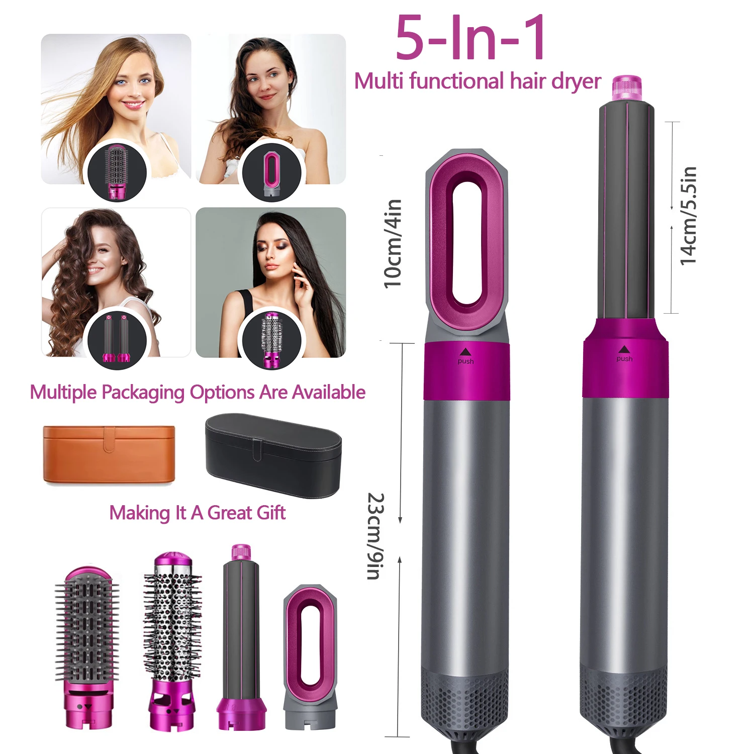 Multi Functional 5-In-1 Hair Dryer Hot Air Comb Curling Iron Dyso Air Bag Hairdresser Styling Tool Straightener Festival Gift