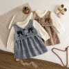 Spring Autumn Baby Girl Dress Korean Style Bow Embroidered Knit Bubble Sleeve Dress for Girls Banquet Clothes