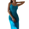 WPNAKS Women Sling Dress Sexy Club Summer Clothes 2024 Spaghetti Strap Low-cut See-through Slit Dress Streetwear