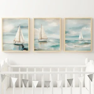 Retro Watercolor Ocean Wall Art Poster Nautical Sailboat Oil Painting Prints on Canvas Living Room Home Decor Gift Idea