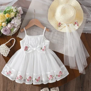 Baby Girl Knit White Tulle Dress: Rose Pattern + Spaghetti Strap + Hat | Valentine's Day Gift / Baby Girl Birthday Gift