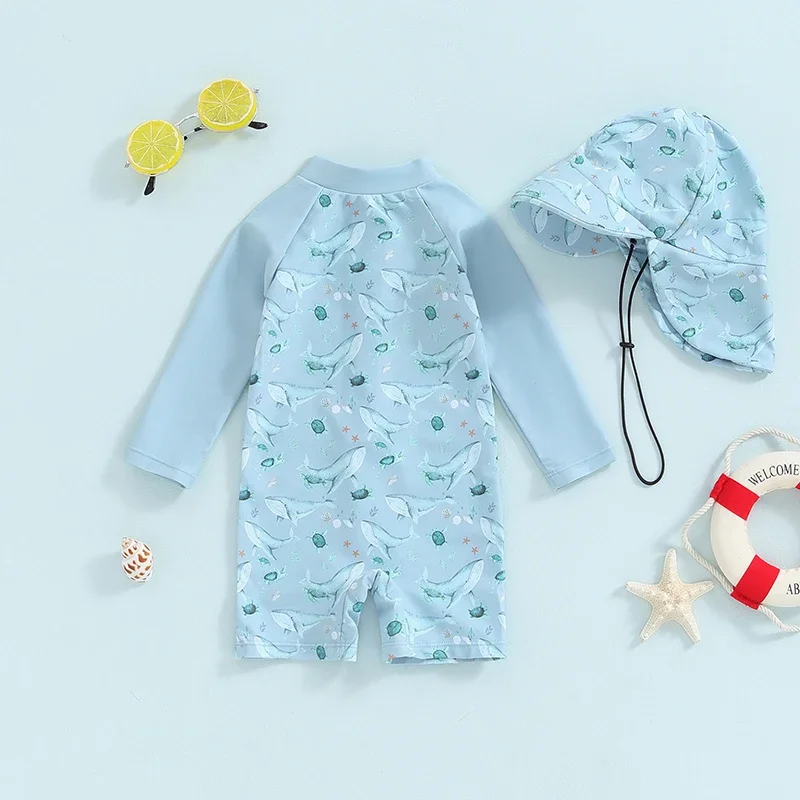 Tregren Newborn Infant Baby Boy Swimwear Set Whale Print Long Sleeve Rash Guard Swimsuit Sun Hat Toddler Bathing Suit Outfit - Image 3