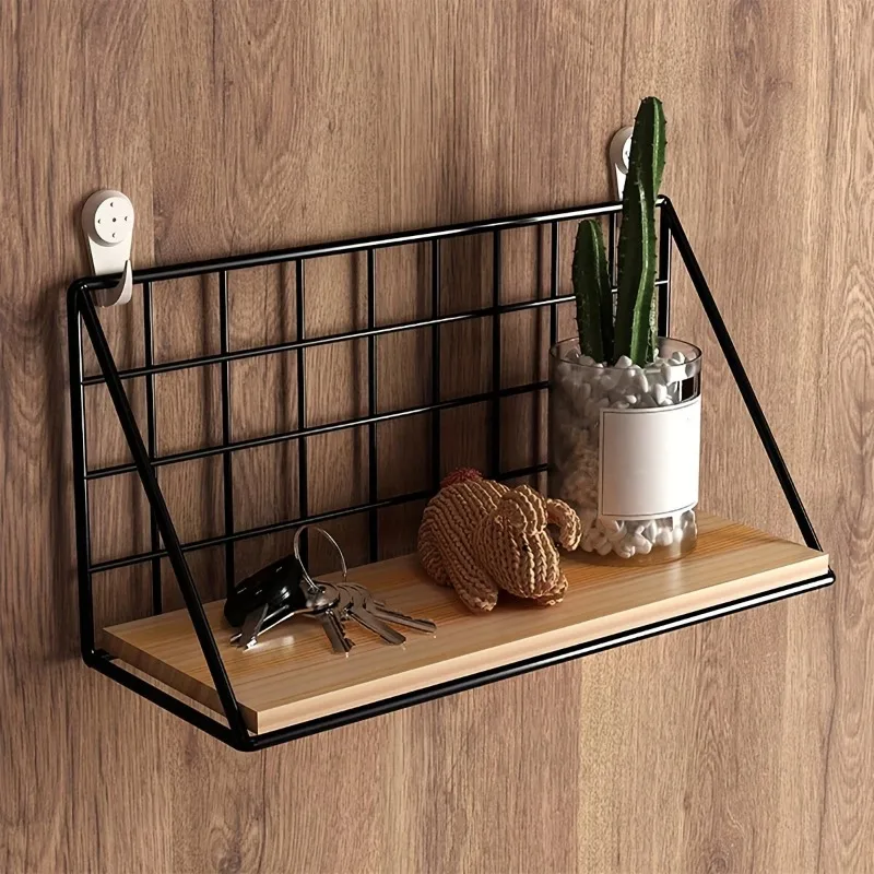 1Pcs Floating Shelves Wall Mounted Wood Storage Display Shelf with Metal Wire Basket Hanging Rack for Dorm Bedroom Bathroom - Image 4