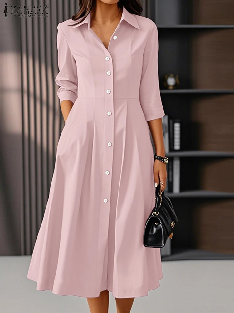 ZANZEA Woman Elegant Midi Dresses Womens Fashion 3/4 Sleeve Button Up Collared Shirtdress Autumn Commuting OL A-line Robes Femme - Image 4