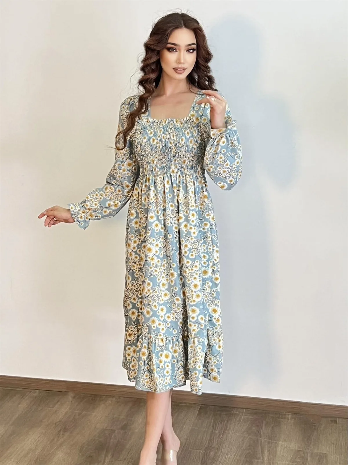 Long Sleeve Casual Dress Women Chiffon Dresses Autumn Spring A-line Printed Floral Elastic Chest Lace Up Midi Dresses Vestidos - Image 2