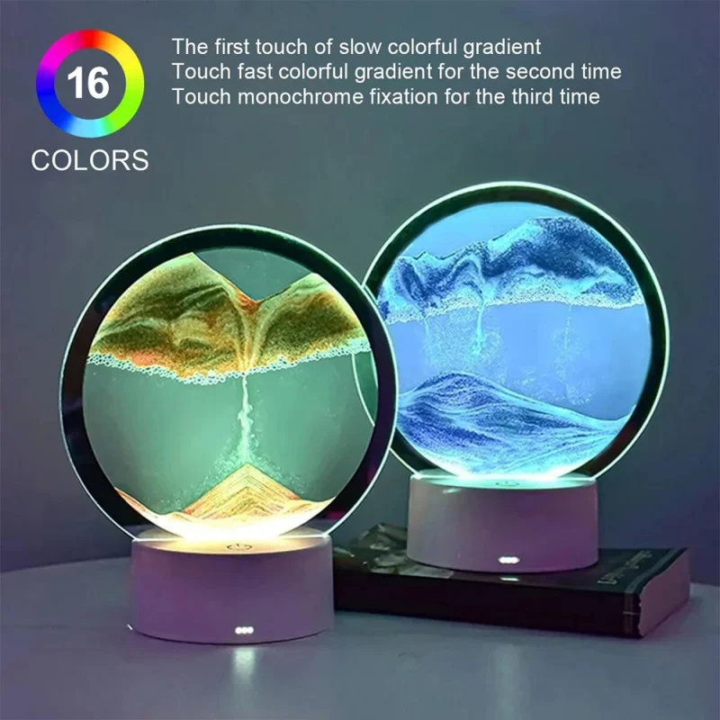 Bedroom Display Moving Sand Art Picture Round Glass Sand Painting Led Light 3D Sandscape Hourglass for Christmas Party - Image 3