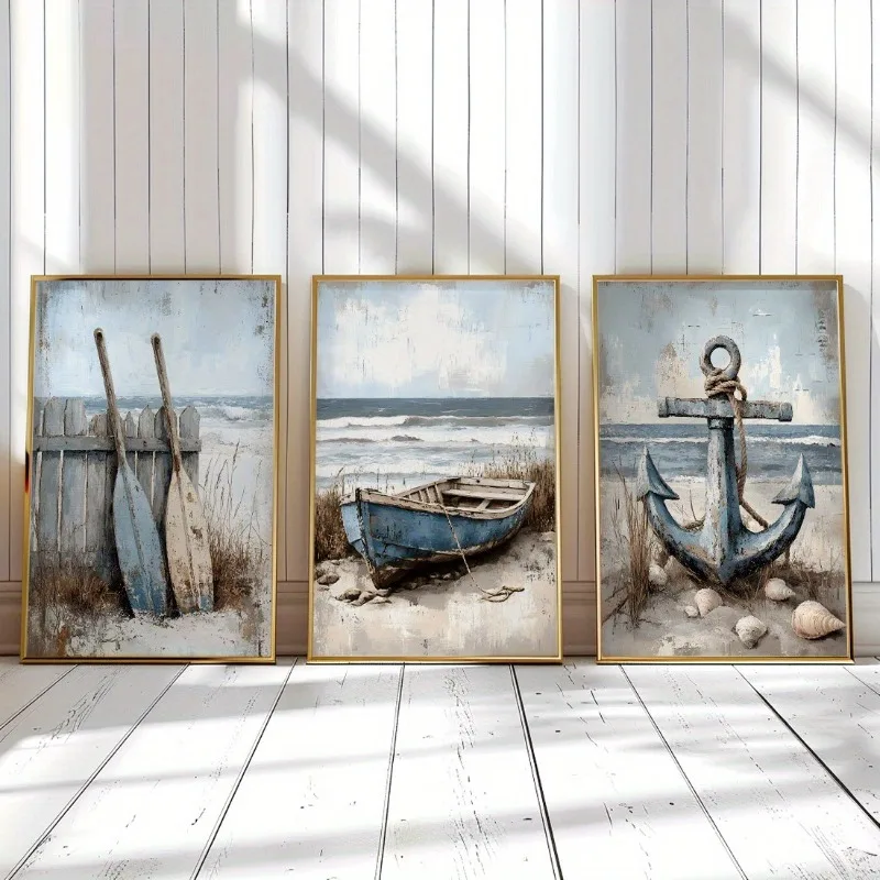 3pcs Set Canvas Wall Art Prints Nautical Beach Decor,Frameless Ocean Themed Paintings for Living Room,Bedroom, Bathroom, Office