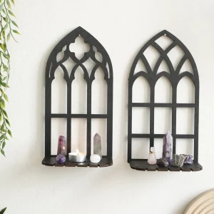 Black Gothic Shelf Wooden Hollow Wall Decoration Wall Hanging Floating Shelves Display Stand Vintage Door Frame Witch Home Decor