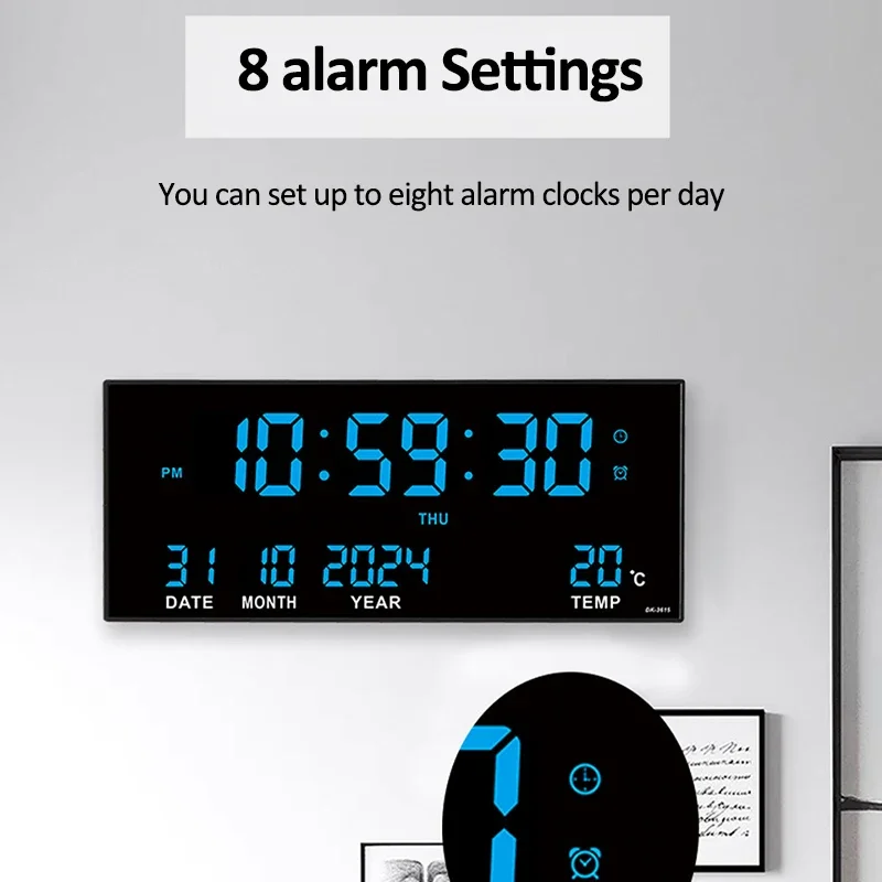 Digital Large Wall Clock Alarm Temperature Date Calendar Display 8 Sets of Alarm Clocks 14'' Electronic LED Clock Plug in Use - Image 4