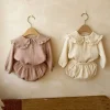 2Pcs Spring Autumn Baby Girl Clothes Soft Cotton Lotus Leaf Collar Long Sleeve Tops + Shorts Infant Baby Solid Clothing Sets