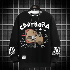 Men Women Funny Sweatshirts Capybara Graphic Pullovers Harajuku Khaki Long Sleeve T-shirts 2025 Fashion Male Cartoon Top New