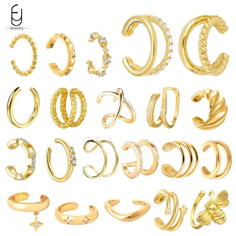 Minimalist Ear Cuff Plated 24K Gold 925 Silver Fashion Crystal Clip Earrings For Women No Piercing Fake Earrings Fine Jewelry