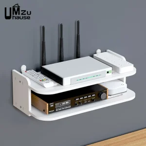2 Tier Wall Mount Shelf No Drill Router TV Box Power Strips Floating Organizer Home Hanging Storage Cable Management with Hooks