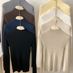 Turtleneck Ribbed Long Sleeves Sweater Autumn Winter Women Long Sleeve Knitted Pullover Soft Warm Femme Jumper Women Clothes
