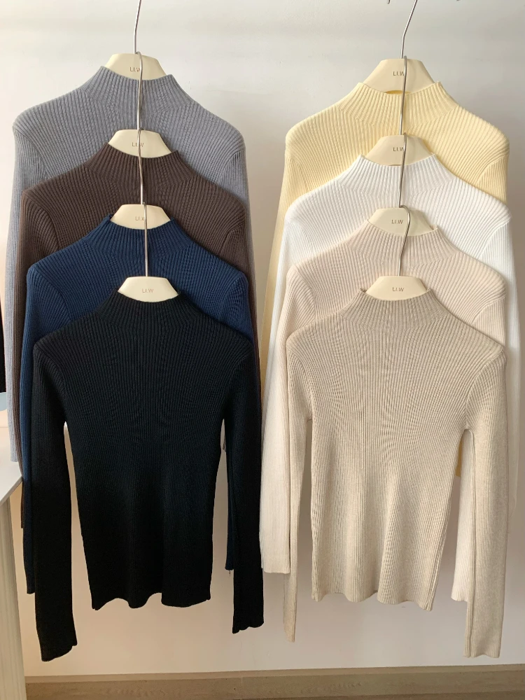 Turtleneck Ribbed Long Sleeves Sweater Autumn Winter Women Long Sleeve Knitted Pullover Soft Warm Femme Jumper Women Clothes