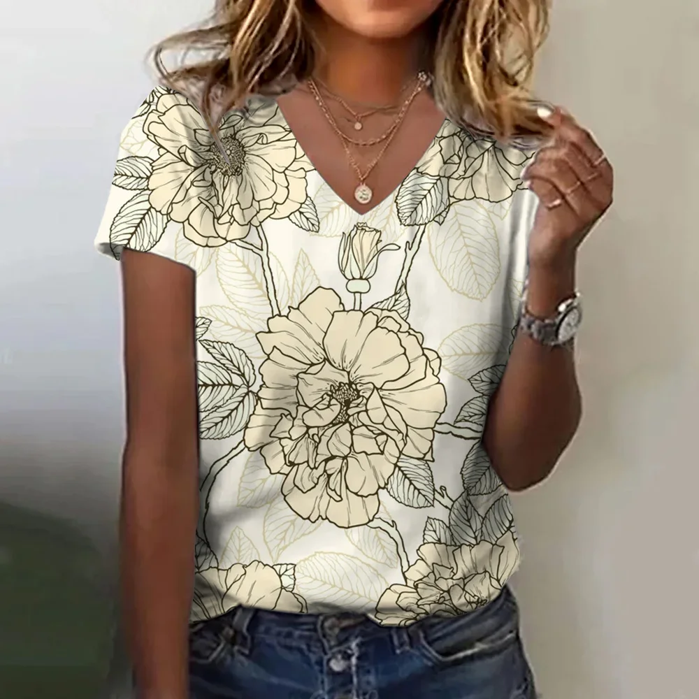T-shirt Summer Women Clothing Fashion V-neck Short Sleeve Floral Print Top Casual Loose Clothing Dating Elegant Women T-shirt - Image 3