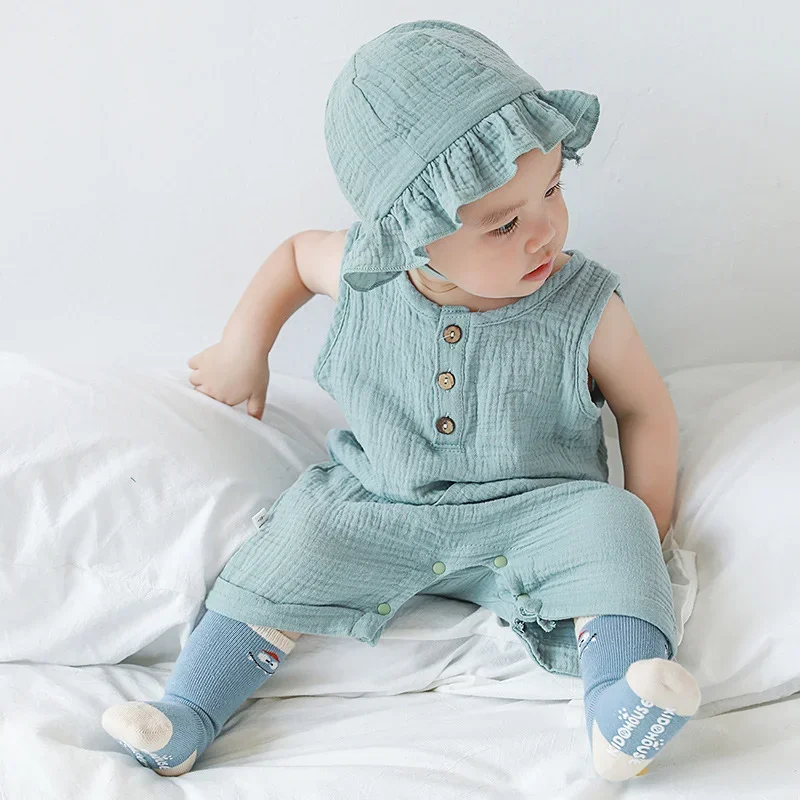 2Pcs/Set Baby Summer Clothing Solid Newborn Infant Romper With Hat Muslin Cotton Sleeveless Baby Boys Girls Jumpsuit Outfits - Image 2