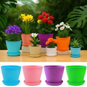 5 Sizes Plastic Flower Planter Pots Round Succulents Plant Pot with Tray Garden Indoor Bonsai Balcony Home Garden Decoration