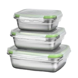 304 Stainless Steel Food Grade 1/3 Set Food Storage Container Lunch Box Leak-Proof Silicone Lid Dishwasher Safe Bento Box