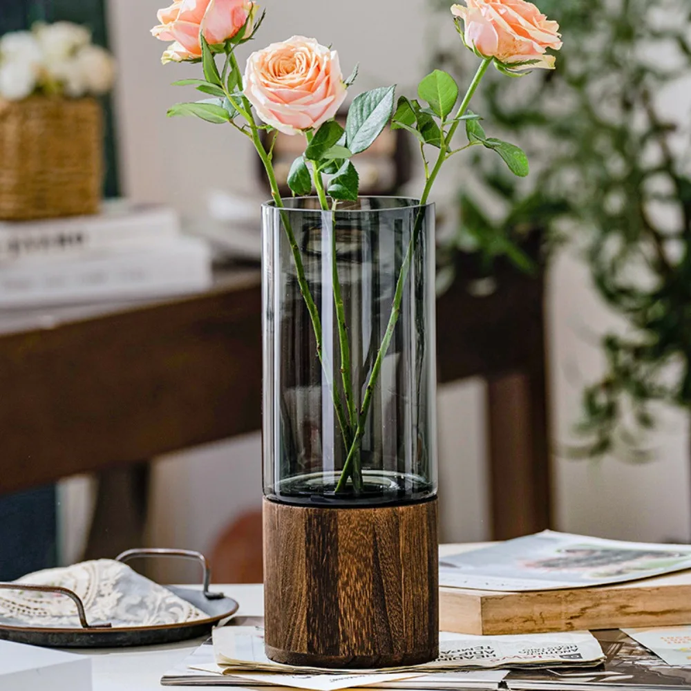 Simple Retro Light Luxury Wooden Base Glass Vase Water Nourishing Flowers Transparent Glass Vase Dining Table Decoration - Image 6