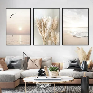 3pcs Sunrise Beach Sea Wave Beige Landscape Canvas Prints Perfect Natural Scenery Plant Seaside Posters For Living Room Wall Art