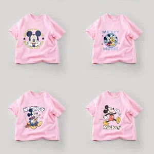 Pink Print Mickey Tees Short Sleeve Tops Baby Girls Clothing Summer Solid Color Fashion Kids Cartoon T-shirt Children's Tshirts