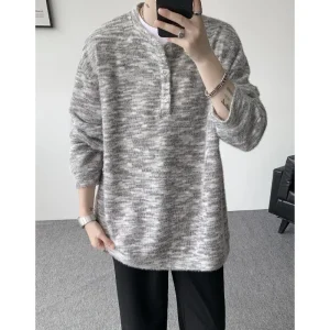 Men's Korean Style Colorful Striped Henley Neck Sweater Loose Fit Casual Autumn Winter Knitted Pullovers Male Fashion Trendy Top