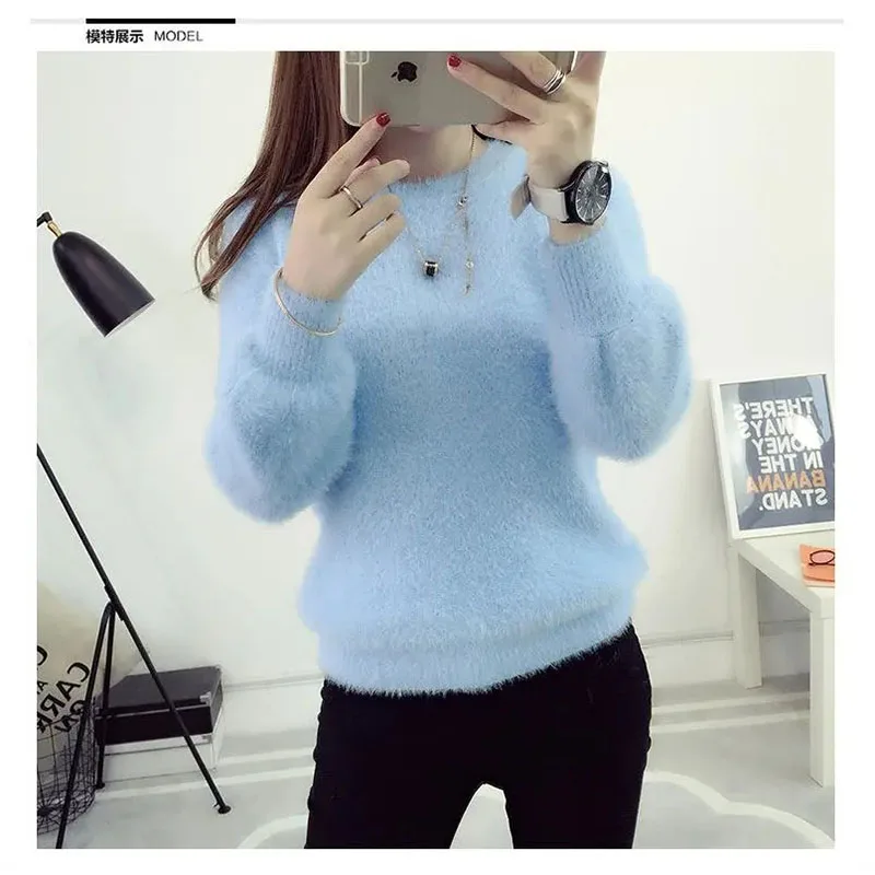 2024 Autumn Winter Spinning Mink Fleece Knitted Sweater Women's Thick Coat Loose Fashionable Inner Bottom Shirt Warmth Pullovers - Image 3