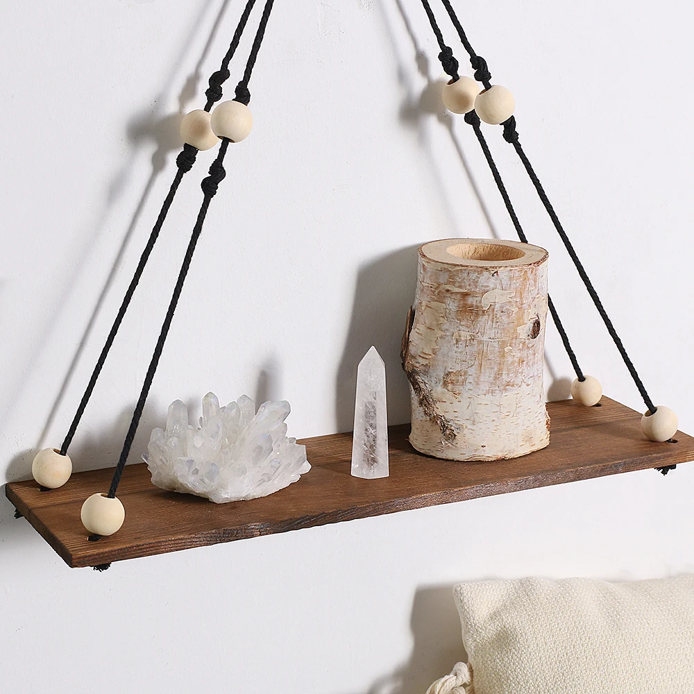 2Pcs Wooden Wall Shelf Wood Beads Macrame Leaf Floating Shelves Nordic Rome Decor Hanging Display Shelf Boho Home Decorations - Image 4