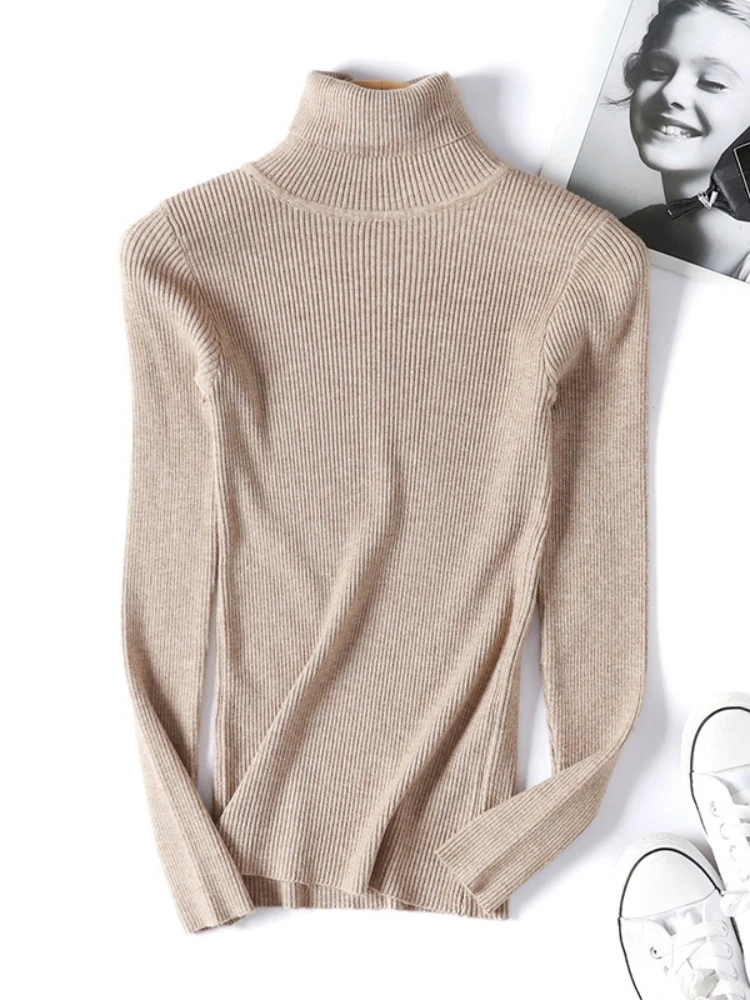 New Autumn Winter Women Knitted Turtleneck Sweater Casual Soft Polo-neck Jumper Fashion Slim Elasticity Solid Ribbed Pullovers - Image 3
