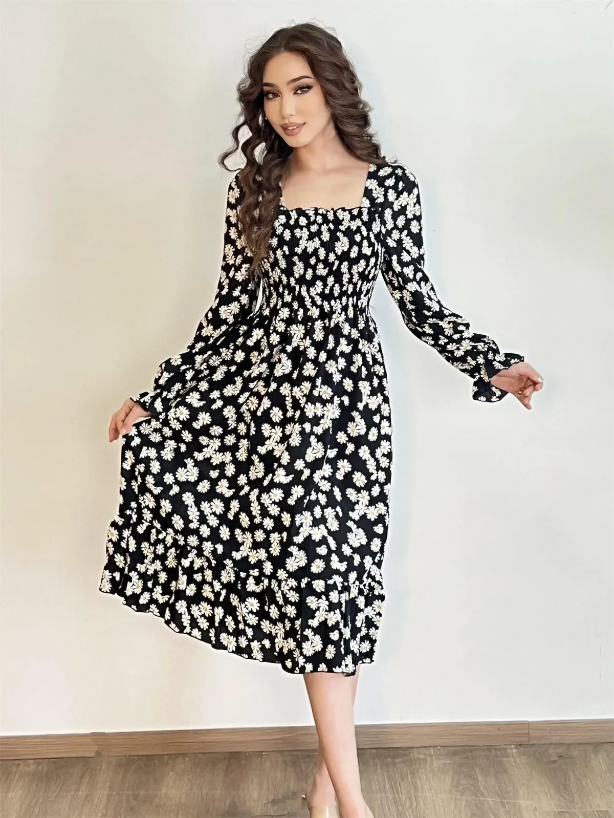 Long Sleeve Casual Dress Women Chiffon Dresses Autumn Spring A-line Printed Floral Elastic Chest Lace Up Midi Dresses Vestidos - Image 4