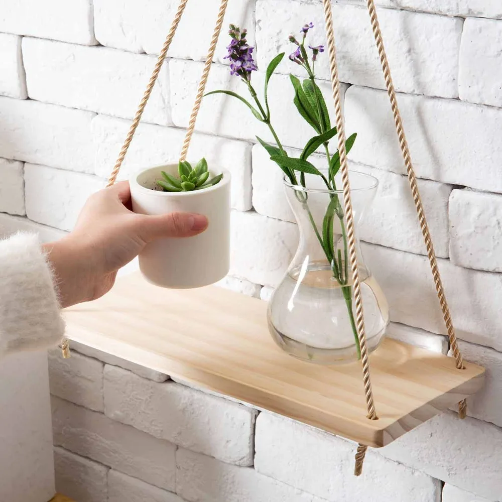 1/3pc Wood Swing Hanging Rope Wall Mounted Floating Shelves Home Living Room Wall Shelf Sundries Storage Outdoor Garden Decor - Image 5