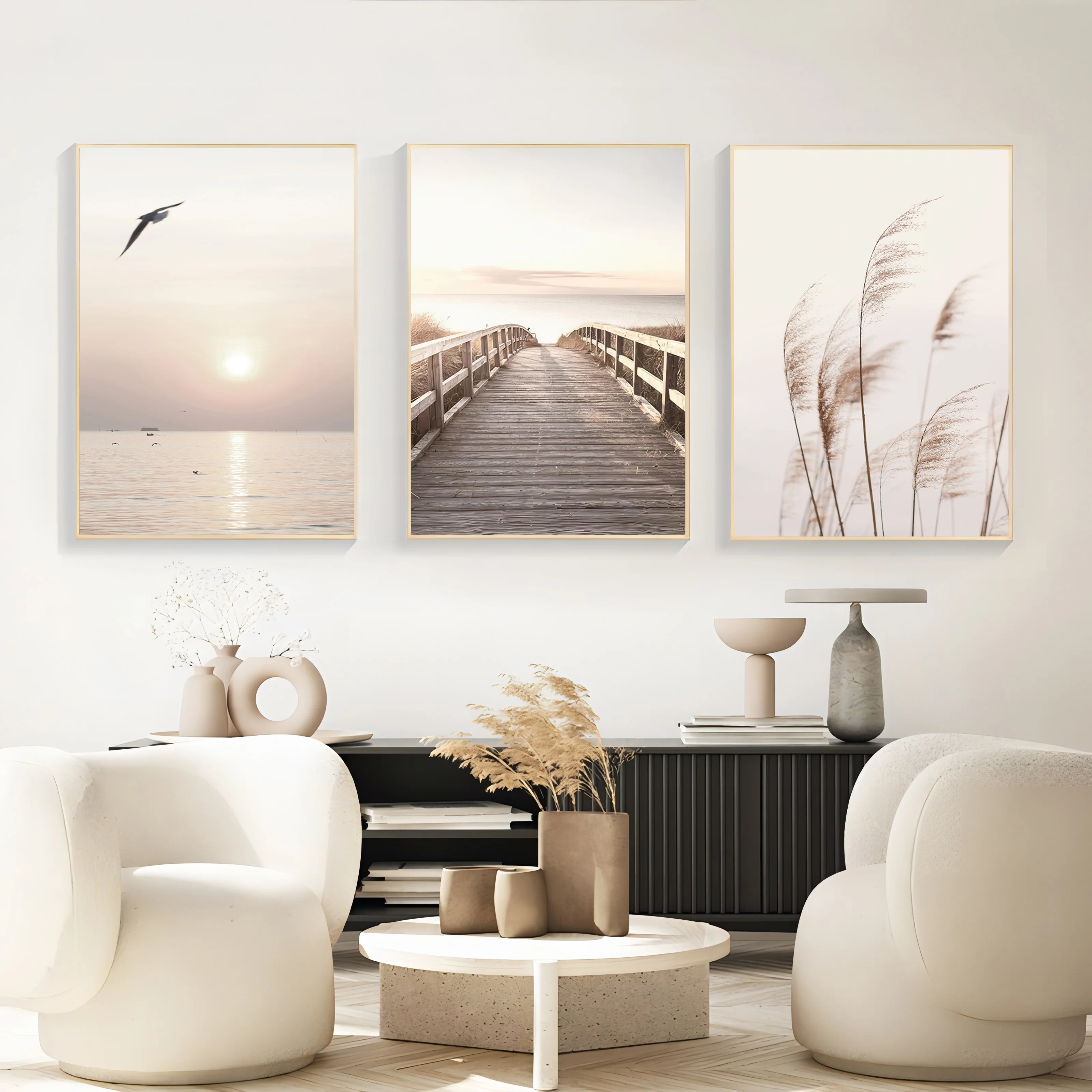 3PCS White Seascape Canvas Painting Nordic Sea Beach Pampas Botanical Grass Posters Decor Living Room Bedroom Wall Art Decor - Image 5