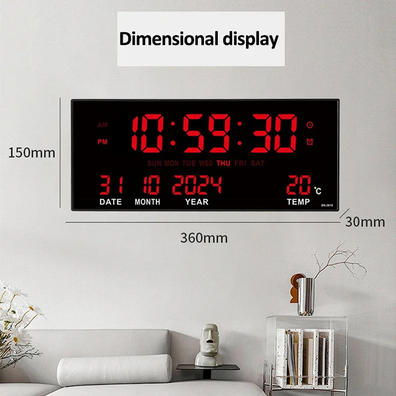 Digital Large Wall Clock Alarm Temperature Date Calendar Display 8 Sets of Alarm Clocks 14'' Electronic LED Clock Plug in Use - Image 5