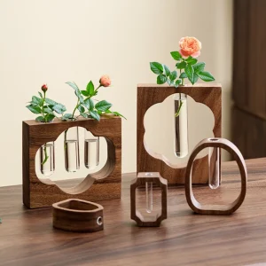 Walnut Solid Wood Hydroponic Flower Vase Desktop Decoration Simple Glass Plant Mini Aquatic Vase Hydroponic Flowerpot