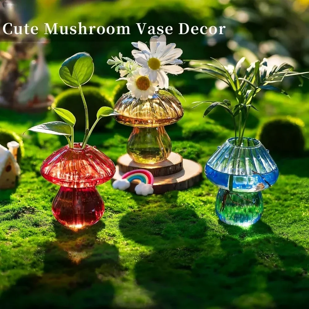 3/5Pcs Glass Colorful Mushroom Planter Vase with Wooden Stand Unique Hydroponic Planter for Home Office Decor - Image 3