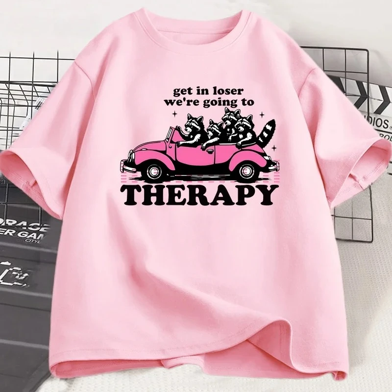 Get in Loser We're Going To Therapy T-shirt for Women Funny Raccoon Graphic T Shirts Shortsleeve Round Neck Clothing - Image 6