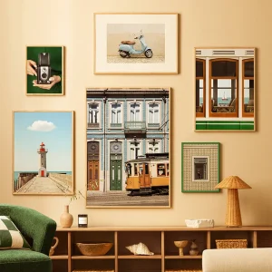 Au Blue Vespa Porto Tram Lighthouse Portugal Wall Retro Canvas Painting Decorative Art Print Poster Picture Modern Living Room