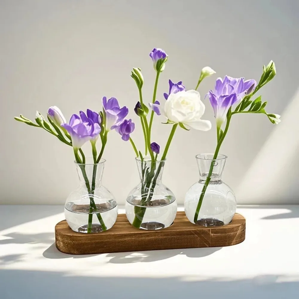 Creative Plant Transparent Hydroponics Glass Vase with Wooden Tray for Flowers Plant Cutting Rooting Pot Desktop Decorating - Image 5