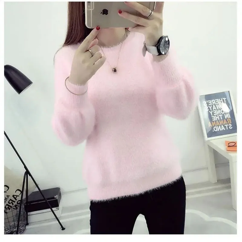 2024 Autumn Winter Spinning Mink Fleece Knitted Sweater Women's Thick Coat Loose Fashionable Inner Bottom Shirt Warmth Pullovers - Image 2