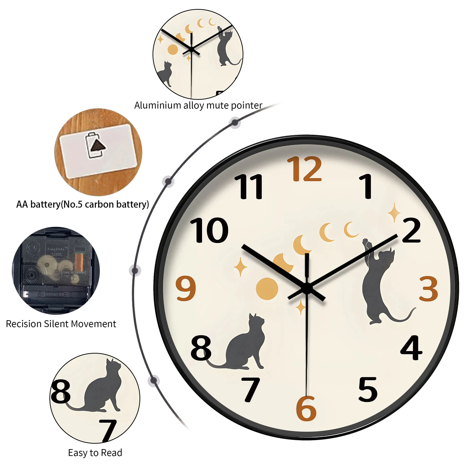 Round Cozy Healing Cat & Moon Phase Theme Quartz Wall Clock, Cute Relaxing Decorative Clock , 8-16 Inches - Image 2