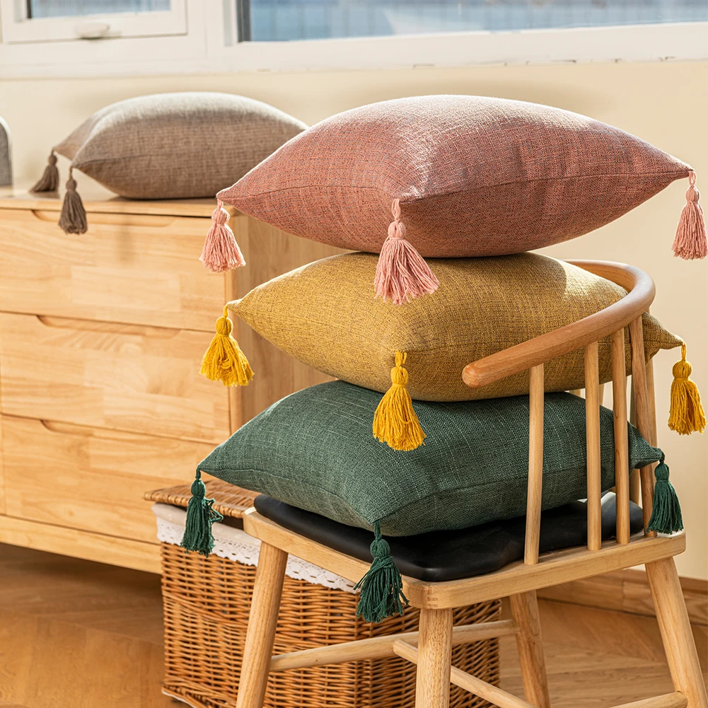 Tassel Solid Color Cushion Cover Square Linen Pillowcase for Living Room Sofa Bedroom Home Decoration 45x45 1PC - Image 2