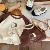 1-7Y Children's Velvet Base Shirt 2025 Spring Long Sleeved Casual Tee Baby Girls Boys Patched Color Round Neck Outerwear Tops
