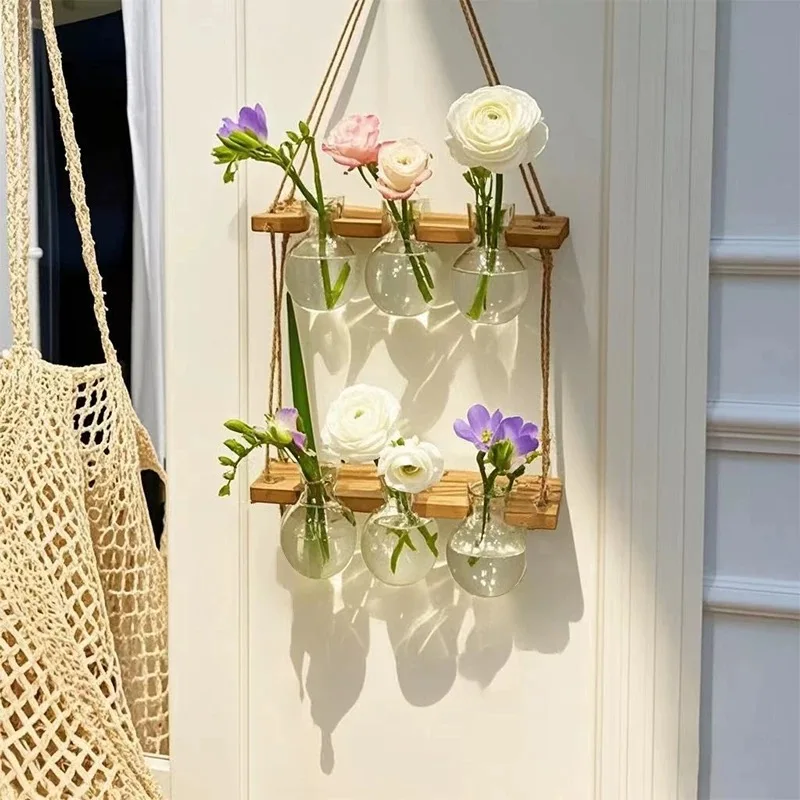 Ins Hydroponic Test Tube Vase Series Wall Mounted Wooden Frame Hydroponics Decorative Container Home Decoration Party Gift Vase - Image 3